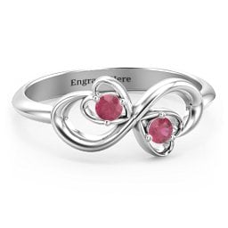 Pair of Hearts Infinity Ring with Gemstones in 925 Sterling Silver with Ruby