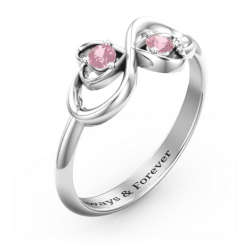 Pair of Hearts Infinity Ring with Gemstones – Sterling Silver with Pink Tourmaline