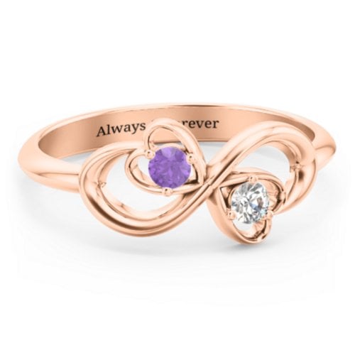 Pair of Hearts Infinity Ring with Gemstones – 9kt Rose Gold with Amethyst and Cubic Zirconia