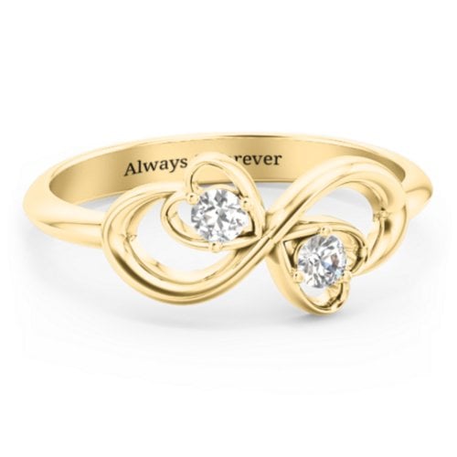 Pair of Hearts Infinity Ring with Gemstones – 9kt Yellow Gold with Diamond