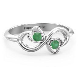 Pair of Hearts Infinity Ring with Gemstones in 925 Sterling Silver with Emerald