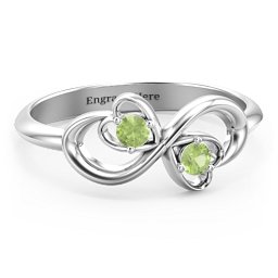 Pair of Hearts Infinity Ring with Gemstones in 925 Sterling Silver with Peridot