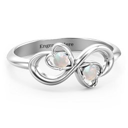 Pair of Hearts Infinity Ring with Gemstones in 925 Sterling Silver with Opal