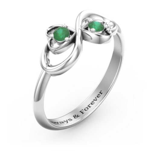Pair of Hearts Infinity Ring with Gemstones – Sterling Silver with Emerald