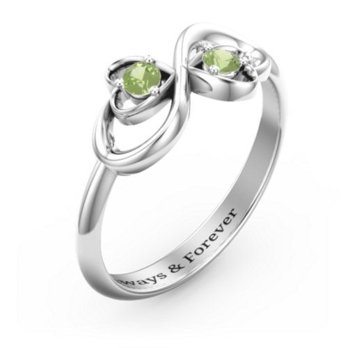 Pair of Hearts Infinity Ring with Gemstones – Sterling Silver with Peridot