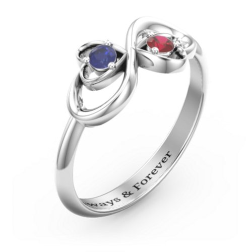 Pair of Hearts Infinity Ring with Gemstones – Sterling Silver with Blue Sapphire and Garnet