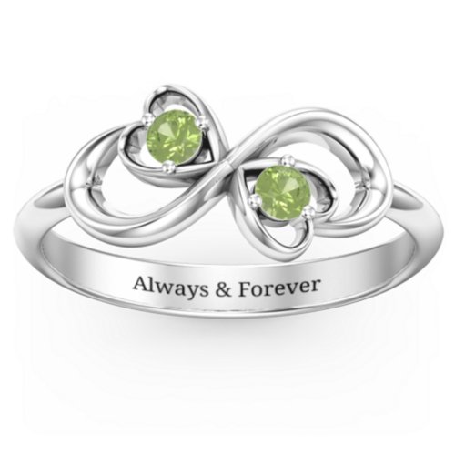 Pair of Hearts Infinity Ring with Gemstones – Sterling Silver with Peridot