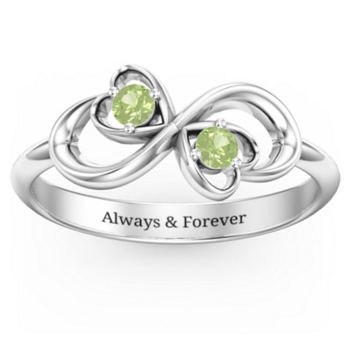 Pair of Hearts Infinity Ring with Gemstones – Sterling Silver with Peridot