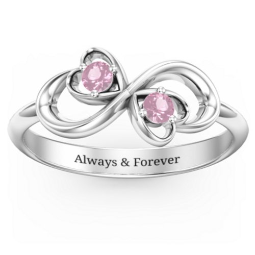 Pair of Hearts Infinity Ring with Gemstones – Sterling Silver with Pink Tourmaline