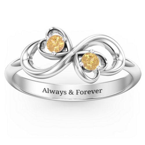 Pair of Hearts Infinity Ring with Gemstones – Sterling Silver with Citrine