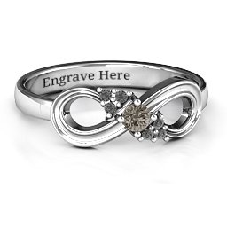 Solitaire Infinity Ring with Accents in 925 Sterling Silver with Smokey Quartz and Black Premium Zirconia
