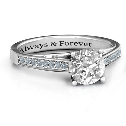Large Round Solitaire Ring with Shoulder Accents – Sterling Silver with White Premium Zirconia and Diamond