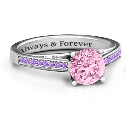 Large Round Solitaire Ring with Shoulder Accents in 925 Sterling Silver with Fancy Pink Premium Zirconia and Amethyst Premium Zirconia