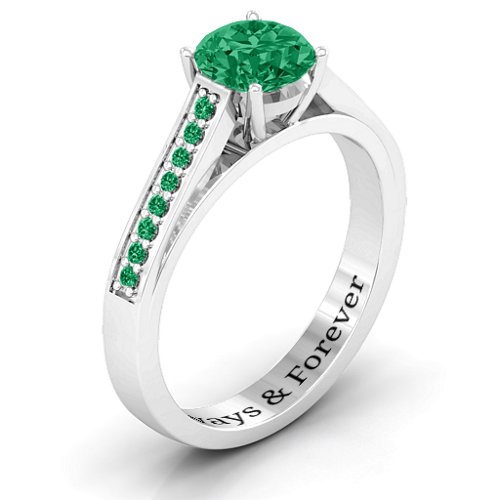 Large Round Solitaire Ring with Shoulder Accents – Sterling Silver with Green Premium Zirconia