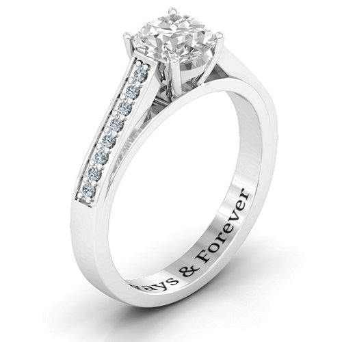 Large Round Solitaire Ring with Shoulder Accents – Sterling Silver with White Premium Zirconia and Diamond