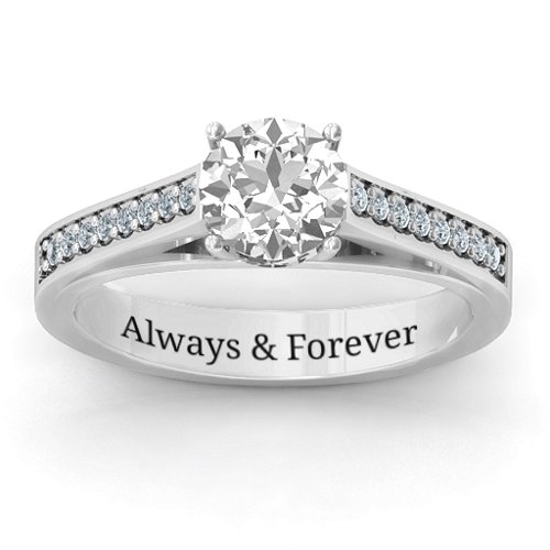Large Round Solitaire Ring with Shoulder Accents – Sterling Silver with White Premium Zirconia and Diamond