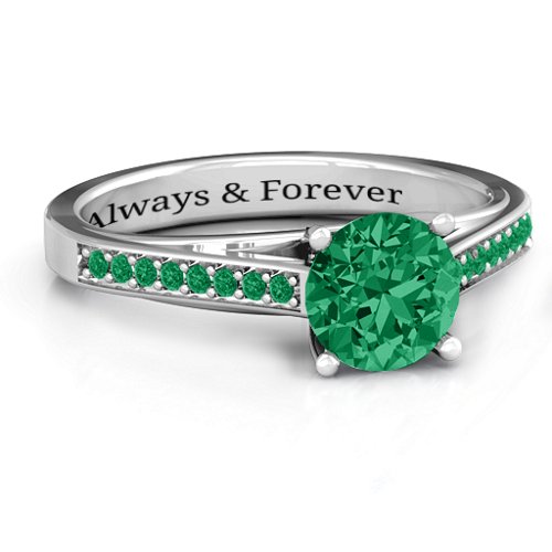 Large Round Solitaire Ring with Shoulder Accents – Sterling Silver with Green Premium Zirconia