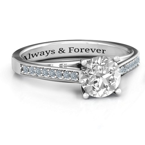 Large Round Solitaire Ring with Shoulder Accents – Sterling Silver with White Premium Zirconia and Diamond