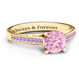 Large Round Solitaire Ring with Shoulder Accents in 9K Solid Yellow Gold with Fancy Pink Premium Zirconia and Amethyst Premium Zirconia