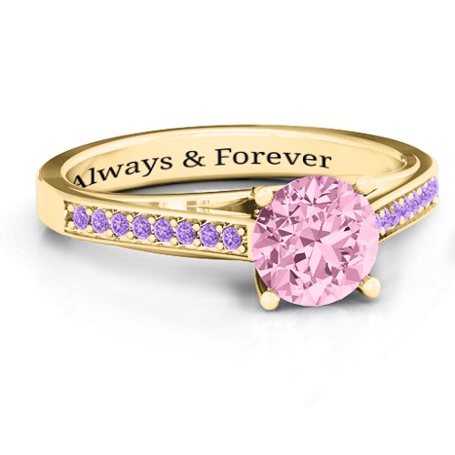 Large Round Solitaire Ring with Shoulder Accents – 9kt Yellow Gold with Fancy Pink Premium Zirconia and Amethyst Premium Zirconia