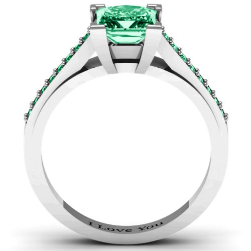 Princess Cut Ring with Shoulder Accents – Sterling Silver with Green Premium Zirconia