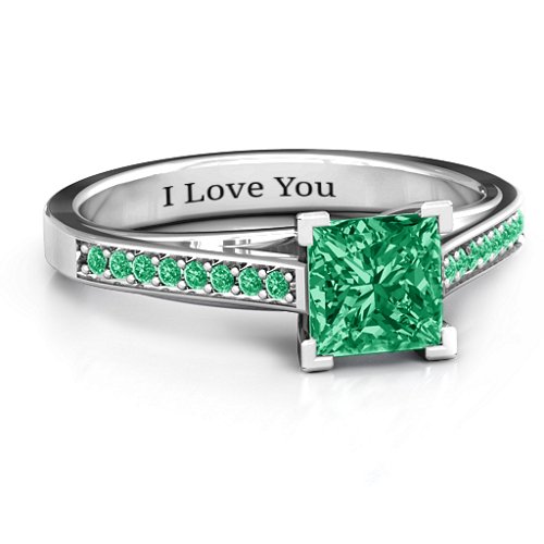 Princess Cut Ring with Shoulder Accents – Sterling Silver with Green Premium Zirconia