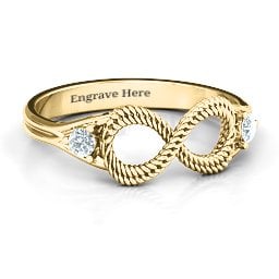 Braided Infinity Ring with Two Stones in 9K Solid Yellow Gold with Cubic Zirconia