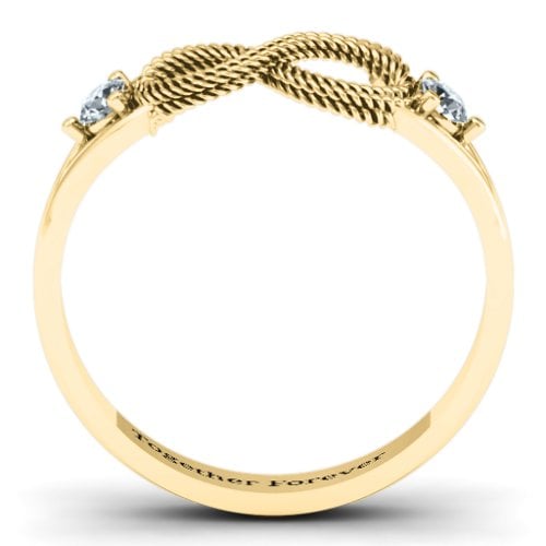 Braided Infinity Ring with Two Stones – 9kt Yellow Gold with Cubic Zirconia