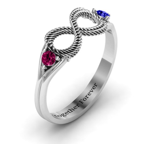 Braided Infinity Ring with Two Stones – Sterling Silver with Ruby and Blue Sapphire