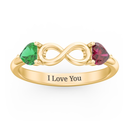 Two Hearts to Infinity Ring – 9kt Yellow Gold with Emerald and Ruby