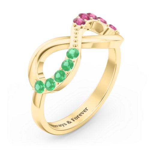 Birthstone Infinity Accent Ring – 9kt Yellow Gold with Emerald and Ruby