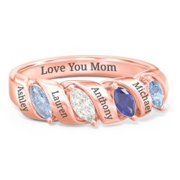 Spiral Marquise Row Ring in 9K Solid Rose Gold with Aquamarine, Cubic Zirconia, Blue Sapphire, and Blue Topaz