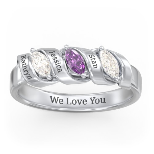 Spiral Marquise Row Ring – Sterling Silver with Cubic Zirconia and Amethyst