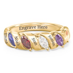 Spiral Marquise Row Ring in 9K Solid Yellow Gold with Blue Sapphire, Garnet, Cubic Zirconia, and Amethyst