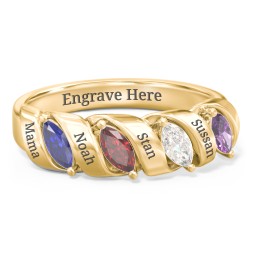 Spiral Marquise Row Ring in 9K Solid Yellow Gold with Blue Sapphire, Garnet, Cubic Zirconia, and Amethyst