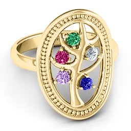 Organic Tree of Life Ring in 9K Solid Yellow Gold with Emerald, Ruby, Cubic Zirconia, Amethyst, and Blue Sapphire