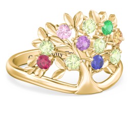 Family Tree Ring in 9K Solid Yellow Gold with Pink Tourmaline, Peridot, Emerald, Amethyst, Citrine, Ruby, and Blue Sapphire