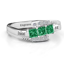 Triple Princess Stone Ring with Accents in 925 Sterling Silver with Emerald