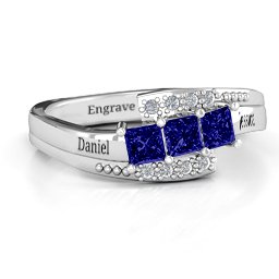 Triple Princess Stone Ring with Accents in 925 Sterling Silver with Blue Sapphire
