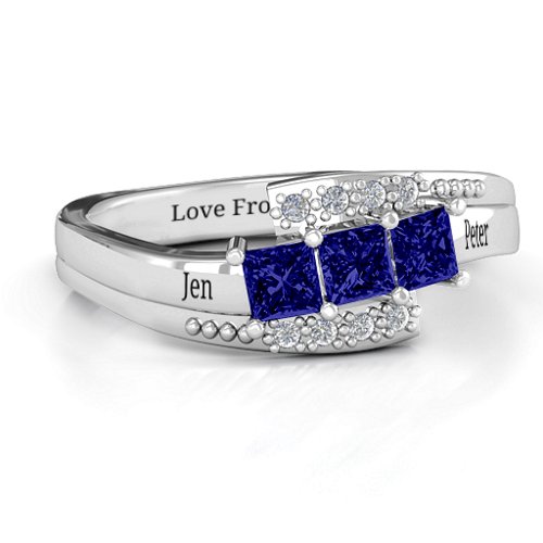 Triple Princess Stone Ring with Accents – Sterling Silver with Blue Sapphire and Cubic Zirconia