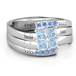 Quad Princess Stone Ring with Accents in 925 Sterling Silver with Aquamarine and Fancy Blue Premium Zirconia