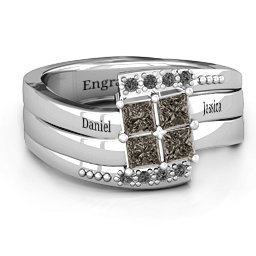 Quad Princess Stone Ring with Accents in 925 Sterling Silver with Smokey Quartz and Black Premium Zirconia