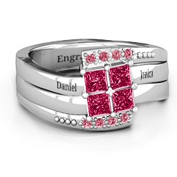Quad Princess Stone Ring with Accents in 925 Sterling Silver with Ruby and Red Premium Zirconia