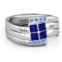 Quad Princess Stone Ring with Accents in 925 Sterling Silver with Blue Sapphire and Fancy Blue Premium Zirconia