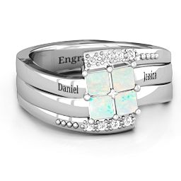 Quad Princess Stone Ring with Accents in 925 Sterling Silver with Opal and White Premium Zirconia