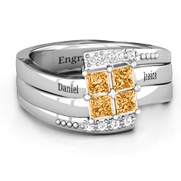 Quad Princess Stone Ring with Accents in 925 Sterling Silver with Citrine and White Premium Zirconia