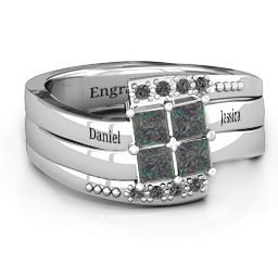 Quad Princess Stone Ring with Accents in 925 Sterling Silver with Alexandrite and Black Premium Zirconia