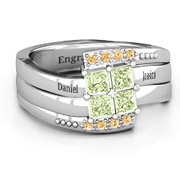 Quad Princess Stone Ring with Accents in 925 Sterling Silver with Peridot and Fancy Yellow Premium Zirconia