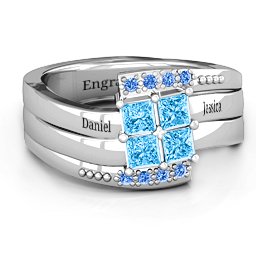 Quad Princess Stone Ring with Accents in 925 Sterling Silver with Blue Topaz and Fancy Blue Premium Zirconia