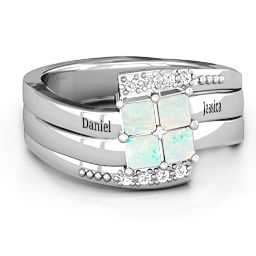 Quad Princess Stone Ring with Accents in 925 Sterling Silver with Opal and White Premium Zirconia
